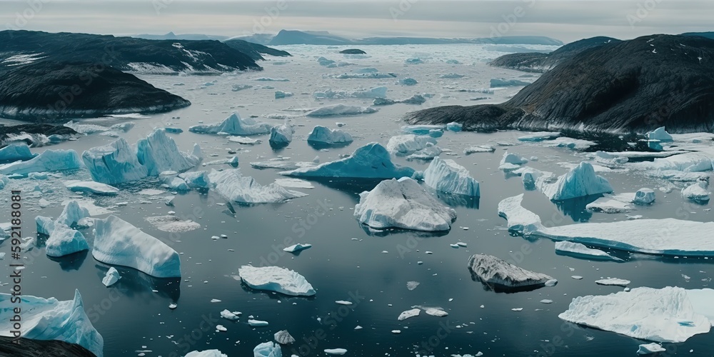 Poster View from the height of the river with ice mountain river.Aerial view. Panoramic shot. Generative AI