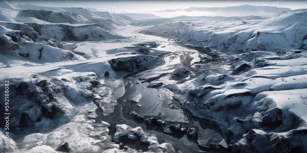 Poster view from the height of the river with ice mountain river.aerial view. panoramic shot. generative ai