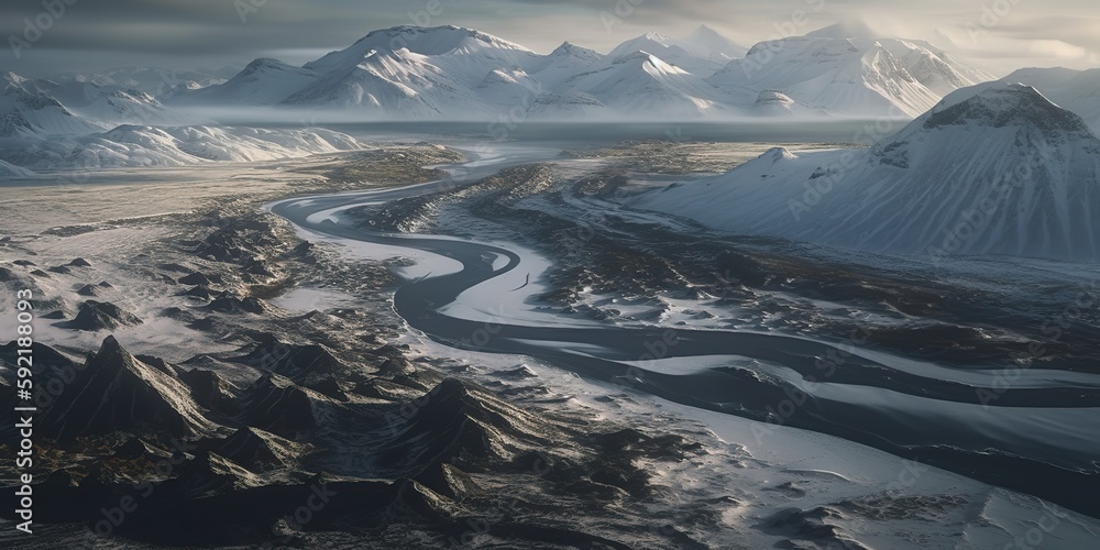 Poster View from the height of the river with ice mountain river.Aerial view. Panoramic shot. Generative AI