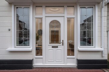 Fototapeta na wymiar White PVC and UPVC Door on Modern House.