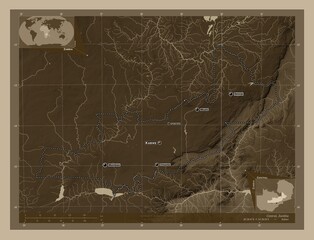 Central, Zambia. Sepia. Labelled points of cities