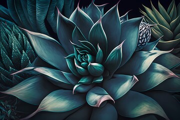 Fototapeta premium Abstract flowery pattern of an agave plant a blue fox tail agave, a dragon tree Top view of a green floral pattern. A toned illustration featuring the Classic blue 2020 trend color 