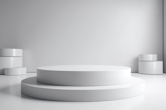 Cosmetic matte podium product minimal scene with platform grey background 3d render. Display stand for pastel white color mock up. stand to show beauty  backdrop on pedestal. Generative AI