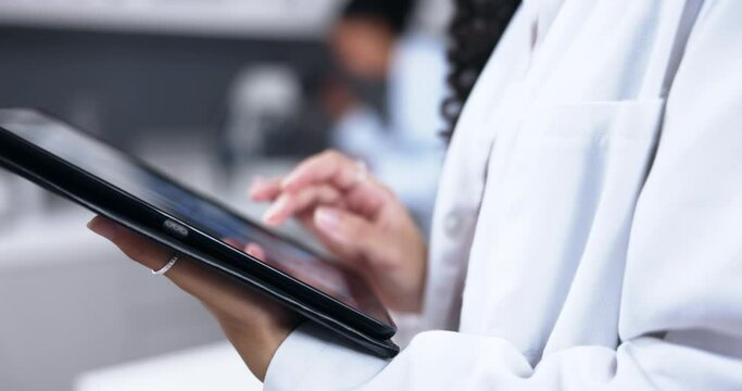 Hands, tablet and scientist in laboratory for research for online healthcare, app and planning. Technology, medical professional and woman or doctor with touchscreen for science or digital analysis.