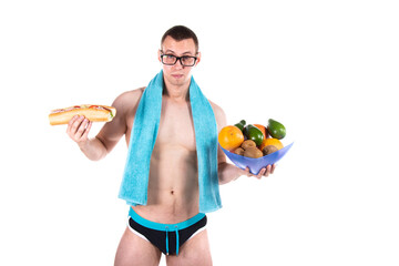 Sports and diet. Attractive man and healthy lifestyle. White background.