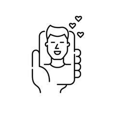 Guy receiving likes of dating app. Male user profile. Hand holding smartphone. Pixel perfect, editable stroke icon