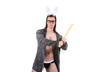 Attractive man in a rabbit costume. Easter holiday. White background.	