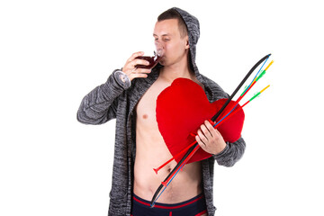 Valentine's Day. Young attractive man. White background. Happy guy. 