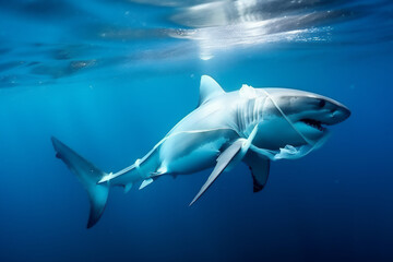 Shark entangled in plastic in the ocean. Environmental problem of plastics. Protection of wildlife. Animals in danger.
