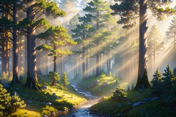 Morning in the forest with fog and sun rays. Nature composition.
