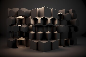 Abstract hexagon geometry background. 3d render of simple primitives with six angles in front. Dark lighting 