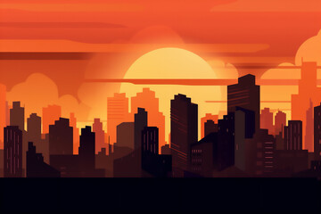 Naklejka premium Generative AI illustration of a sunrise over the skyline to the modern city.