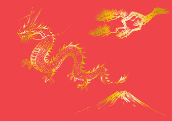 金色の龍と富士山と松の木　縁起の良い装飾のイラスト