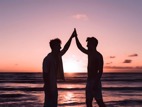 Two men clapping each other at sunset. Concept of national high five day.