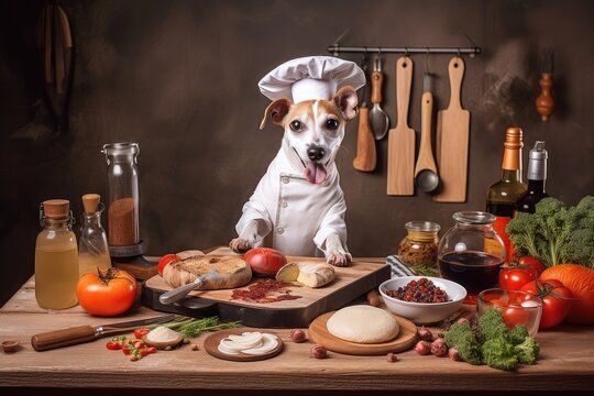 dog chef preparing culinary masterpiece with ingredients and utensils of all shapes and sizes, created with generative ai