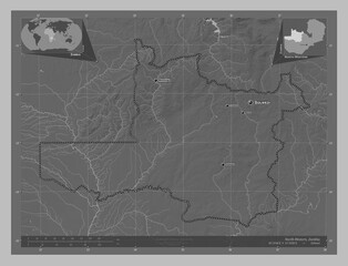North-Western, Zambia. Grayscale. Labelled points of cities