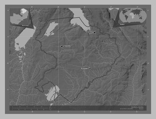 Northern, Zambia. Grayscale. Labelled points of cities