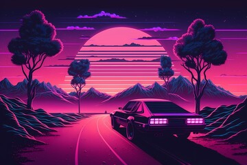 Background illustration Inspired by synthwave, retrowave, and the 80s scene 