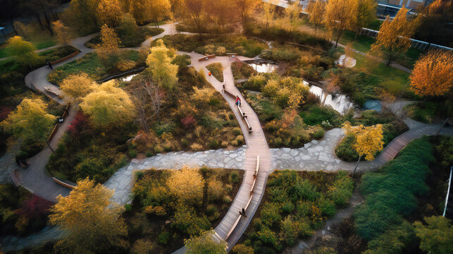 A captivating aerial view of a lush city park, underscoring the vital role of green spaces in urban settings. - Powered by Adobe