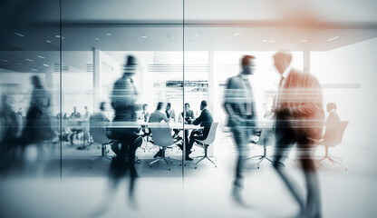 blurred business people in white glass office background, Generative AI - obrazy, fototapety, plakaty