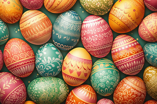 Background of Easter eggs painted in different colors
