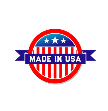 Made in USA label icon with american flag of white red stripes and stars. Vector round badge for America manufactured products quality guarantee. US national banner with blue ribbon stamp or tag