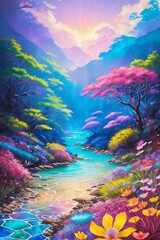Fototapeta na wymiar Tropical island, river, fairytale forest, bright watercolor, Generative AI Art Illustration 10