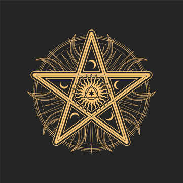 Pentagram spiritual symbol, isolated amulet with mysterious signs, magic talisman. Occult esoteric vector Pentacle star surrounded with crescent moons, sun, circle and triangle shapes in center