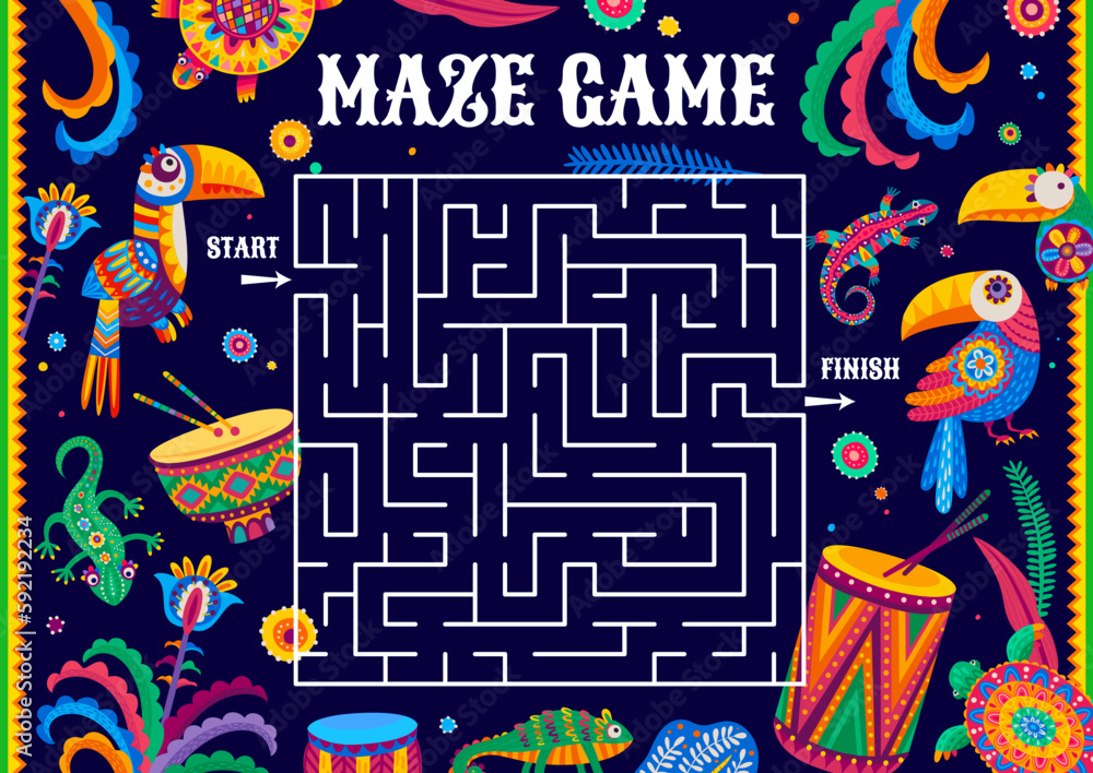 Wall mural Labyrinth maze. Help to toucan find his couple. Find way kids quiz, search path vector riddle or labyrinth puzzle vector worksheet with jungle toucan exotic birds, chameleon lizard and flowers