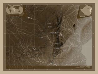 Manicaland, Zimbabwe. Sepia. Labelled points of cities