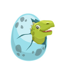 Cartoon dinosaur egg and green dino character. Jurassic era lizard cute mascot or funny vector character. Cheerful newborn dinosaur in egg shell, isolated prehistoric reptile baby happy personage