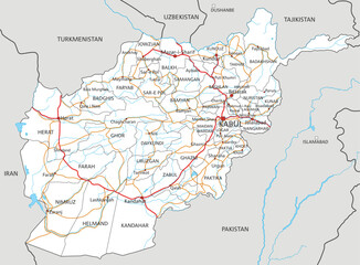 High detailed Afghanistan road map with labeling.