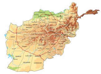 Highly detailed Afghanistan physical map with labeling. - 592193058