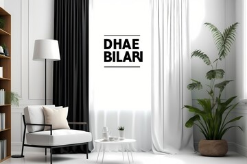 Living room interior mockup with carpet, white chair, lamp, coffee table, bookshelf, plant, and curtain. Blank wall with vertical poster
