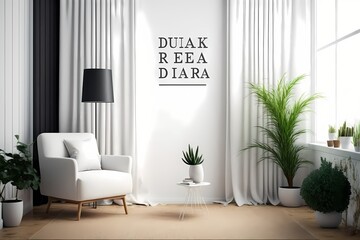 Living room interior mockup with carpet, white chair, lamp, coffee table, bookshelf, plant, and curtain. Blank wall with vertical poster