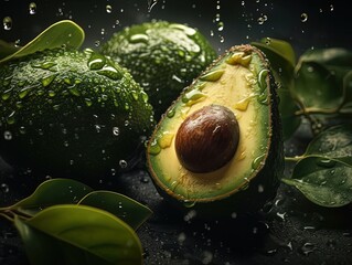 Fresh bunch of Avocado seamless background, adorned with glistening droplets of water