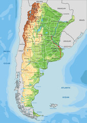 Highly detailed Argentina physical map with labeling. - 592193419