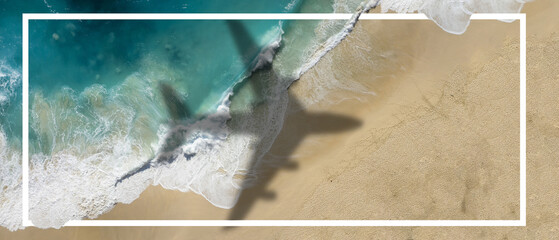 silouette of airplane above tropical beach - travel concept banner