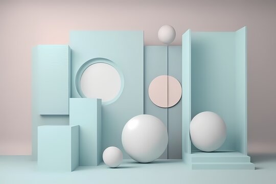 Minimal scene with podium and abstract background. Pastel blue and white colors scene. Trendy 3d render for social media banners, promotion, cosmetic product show. Geometric shapes interior 