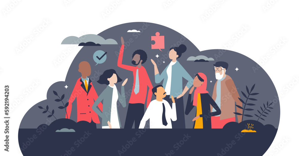 Poster diversity and inclusion in workplace with acceptance and integration tiny person concept, transparen