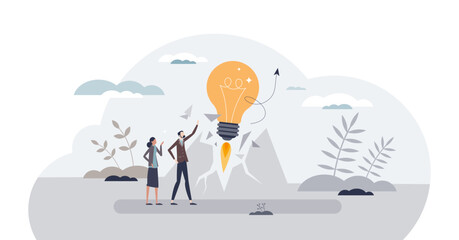 Disruptive innovation with breakthrough change effect tiny person concept, transparent background. Effective, fast and powerful product with creative project launch illustration.