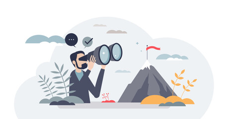 Focusing on target and business challenge objective tiny person concept, transparent background. Successful peak and top seeking illustration. Concentration on career future.