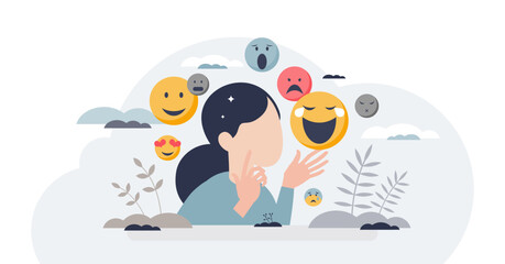 Emotional intelligence and ability to read emotions tiny person concept, transparent background. Psychological feeling with mental understanding about emotional expression illustration.