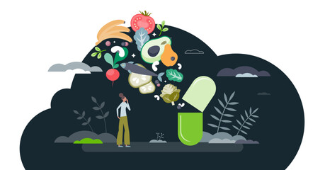 Functional foods with vitamin rich products in capsule tiny person concept, transparent background. Health benefits from greens, avocado, nuts, fruits and vegetables illustration.