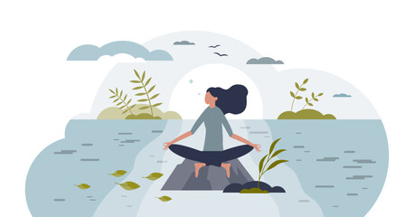 Fototapeta na wymiar Mindfulness meditation, mental peace and yoga in nature tiny person concept, transparent background. Calm balance with relaxation and wellness illustration. Spiritual mental practice.