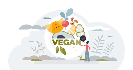 Vegan lifestyle with balanced natural plant based diet tiny person concept, transparent background.Avoid meat and dairy products for nature friendly and healthy cuisine illustration.