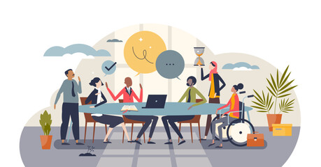 Diversity and inclusion in workplace as team acceptance tiny person concept, transparent background. Teamwork power with various ethnic, racial and culture groups illustration. - obrazy, fototapety, plakaty
