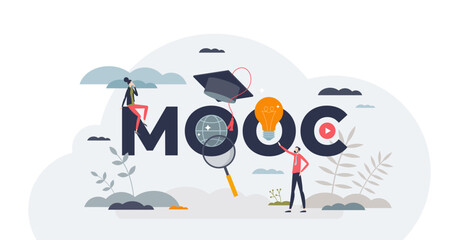 MOOC or massive open online course as part of e-learning tiny person concept, transparent background. Digital university with distance graduation program.