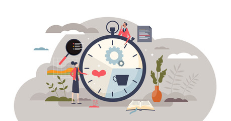 Time management tool for effective day plan and division tiny person concept, transparent background.Scheduled watch for personal, relax, work or relationship balance illustration.