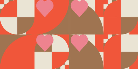 Romantic vector abstract  geometric background with hearts, circles, rectangles and squares  in retro Scandinavian style. Pastel colored simple shapes graphic pattern. Abstract mosaic artwork.